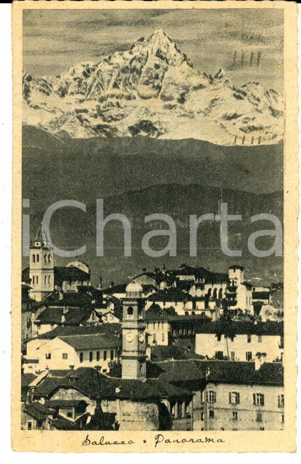 Cartolina originale da collezione 1944 SALUZZO CN Panorama della cittÃ  con le montagne Cartolina FP VG 1
