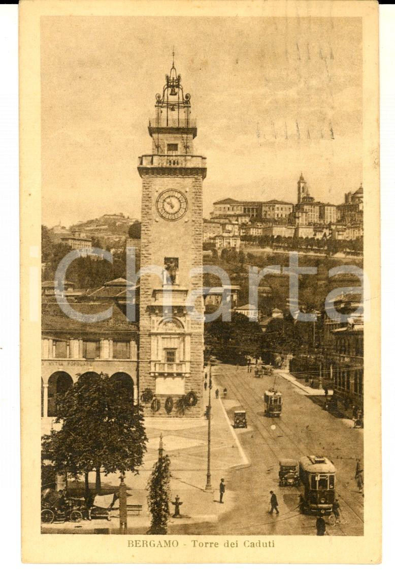 Cartolina originale da collezione 1929 BERGAMO Veduta con la Torre dei Caduti Cartolina ANIMATA tram FP 1