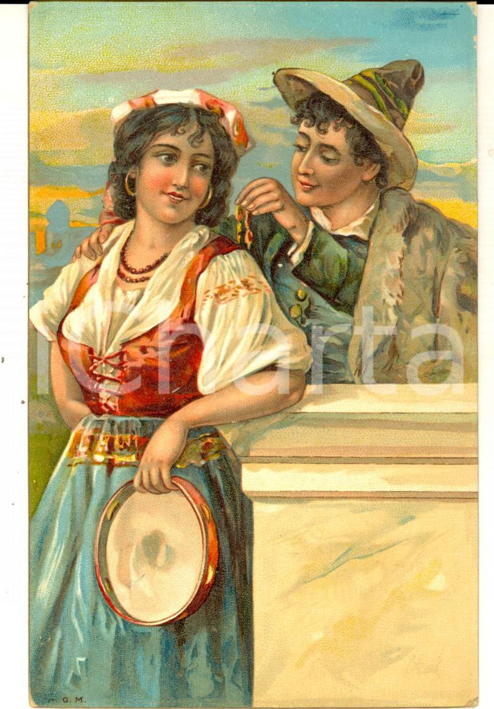 Cartolina originale da collezione 1910 ca COSTUMI NAPOLETANI Corteggiamento di una bella popolana Cartolina FP NV 1