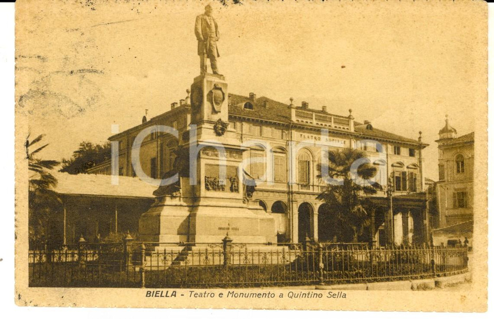 Cartolina originale da collezione 1932 BIELLA Teatro Sociale e monumento a Quintino SELLA Cartolina FP VG 1