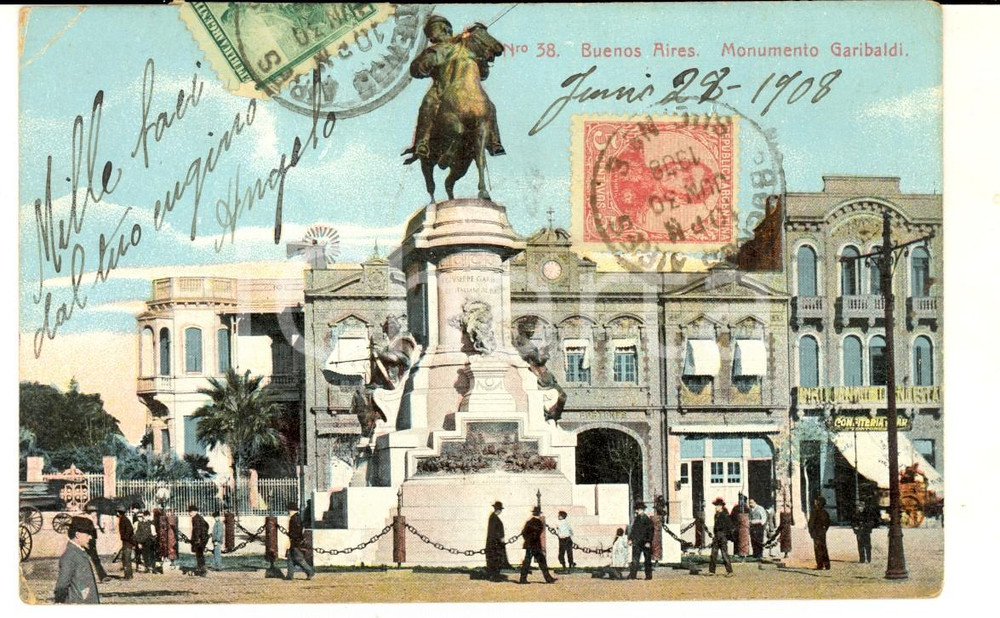 Cartolina originale da collezione 1908 BUENOS AIRES ARGENTINA Monumento Garibaldi Tarjeta postal VINTAGE 1