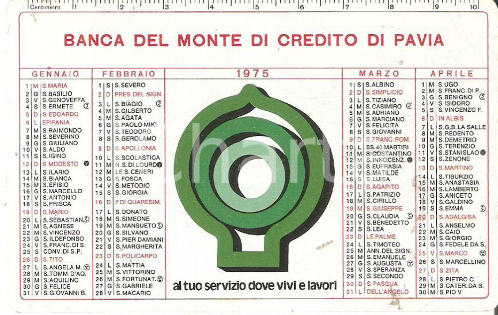 Oggetto da collezione cartaceo 1975 BANCA DEL MONTE DI CREDITO DI PAVIA Calendario 10x7cm 1