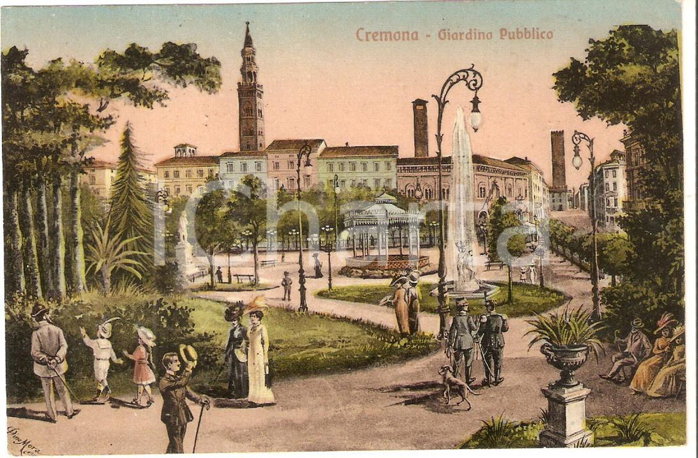 Cartolina originale da collezione 1914 CREMONA Passeggiata al Giardino Pubblico Cartolina ILLUSTRATA Dino MORA FP 1