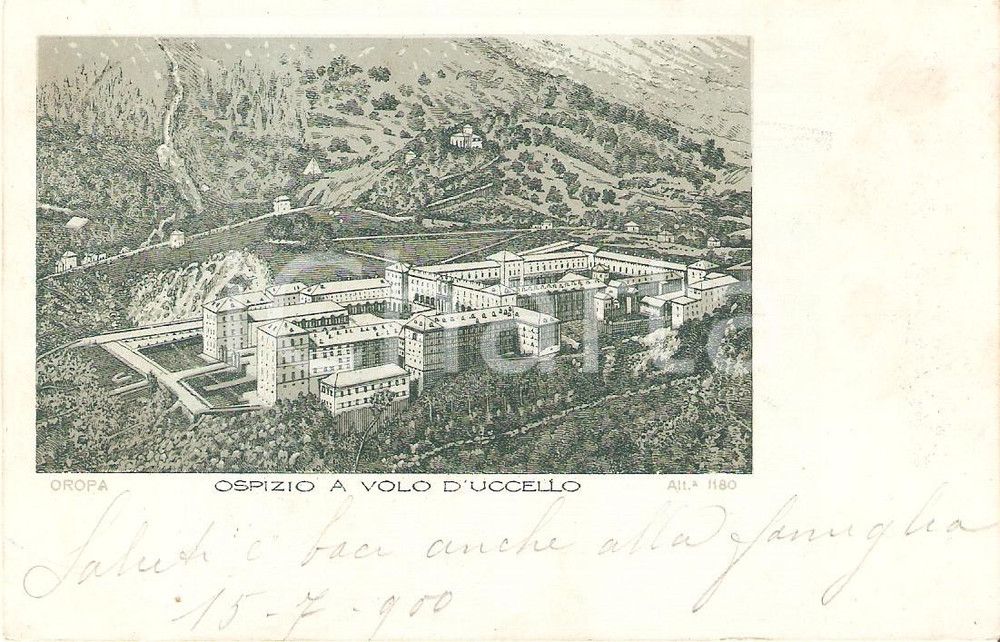 Cartolina originale da collezione 1900 SANTUARIO DI OROPA BI Ospizio a volo d uccello Cartolina FP VG 1