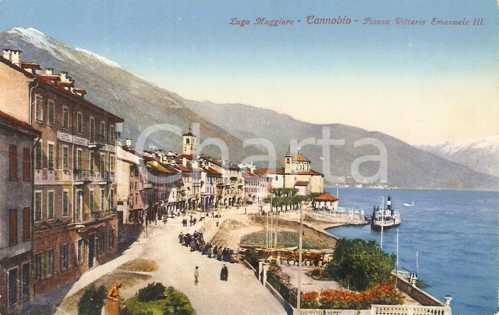 Cartolina originale da collezione 1930 ca CANNOBIO VB Piazza Vittorio Emanuele III e battello Cartolina FP VG 1