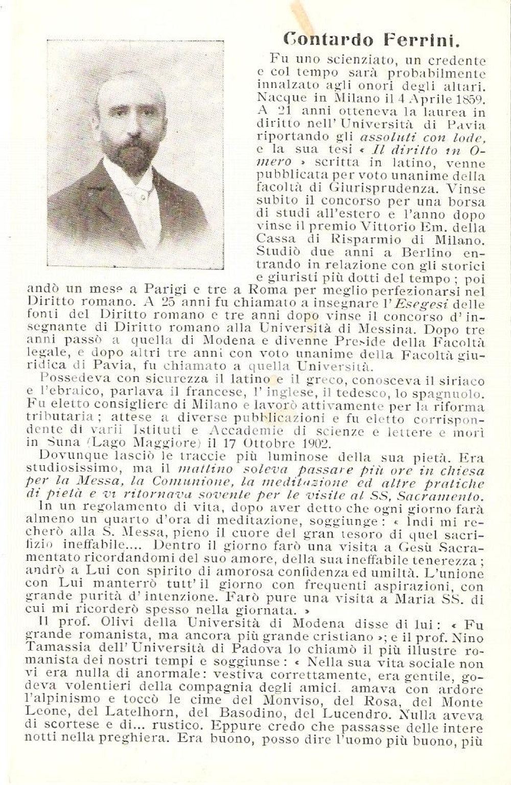 Cartolina originale da collezione 1920 ca CONTARDO FERRINI Cartolina con biografia  FP VG 1