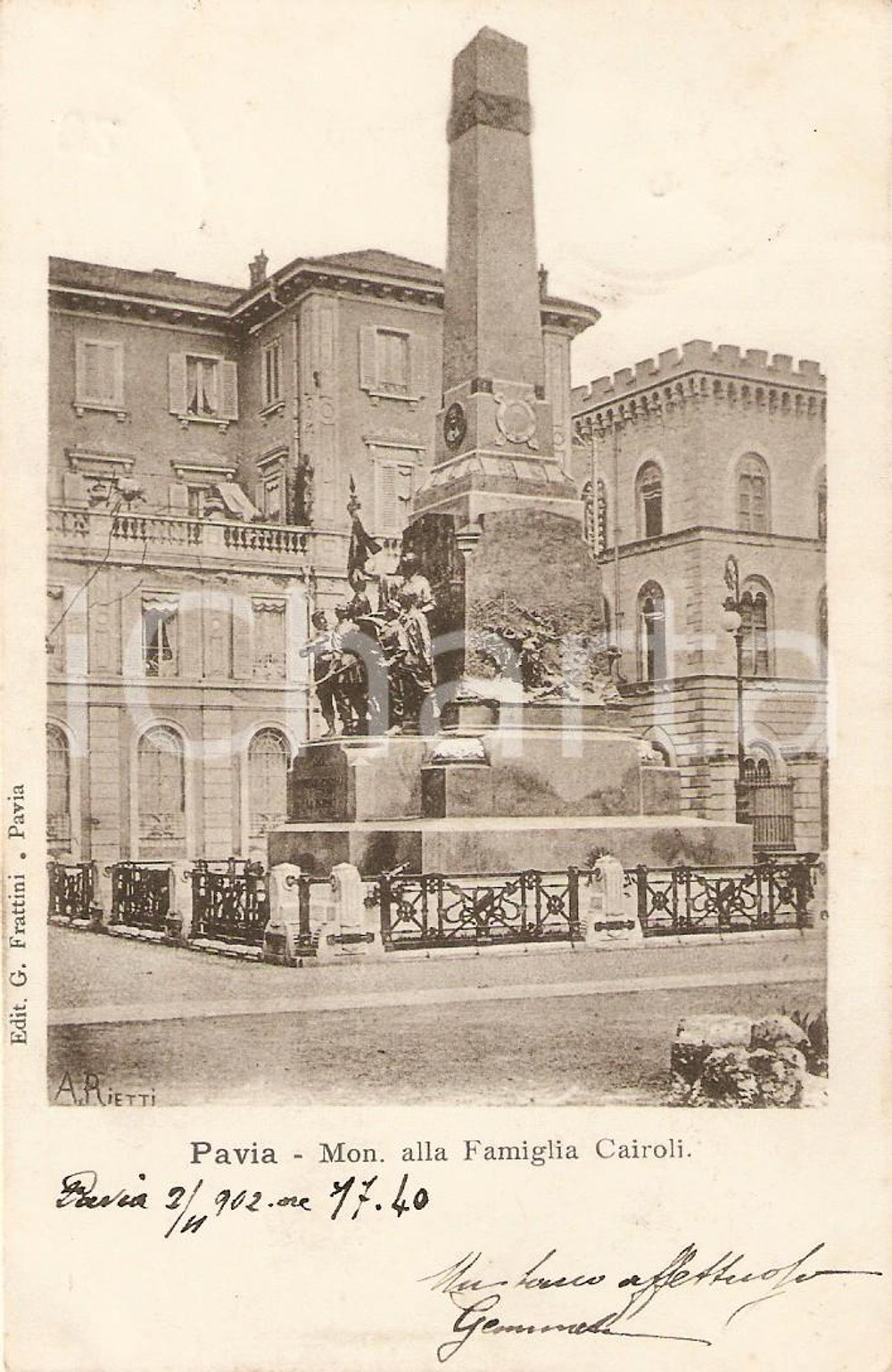 Cartolina originale da collezione 1902 PAVIA Monumento alla Famiglia CAIROLI Cartolina FP VG 1