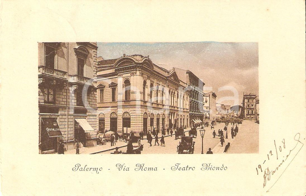 Cartolina originale da collezione 1908 PALERMO Teatro BIONDO Via Roma Cartolina FP VG 1