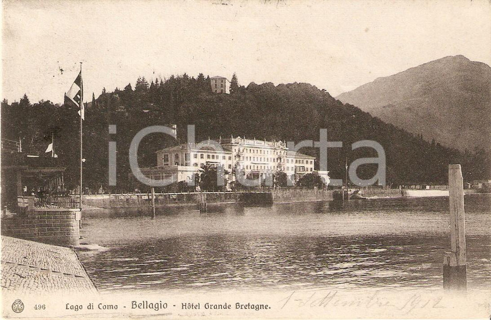 Cartolina originale da collezione 1918 BELLAGIO CO Hotel GRANDE BRETAGNE e Lago di Como Cartolina FP VG 1
