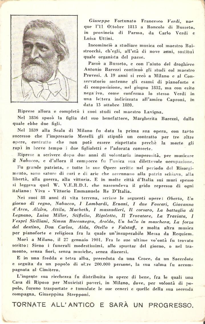 Cartolina originale da collezione 1920 ca GIUSEPPE VERDI Tornate all antico e sarà un progresso Cartolina FP NV 1