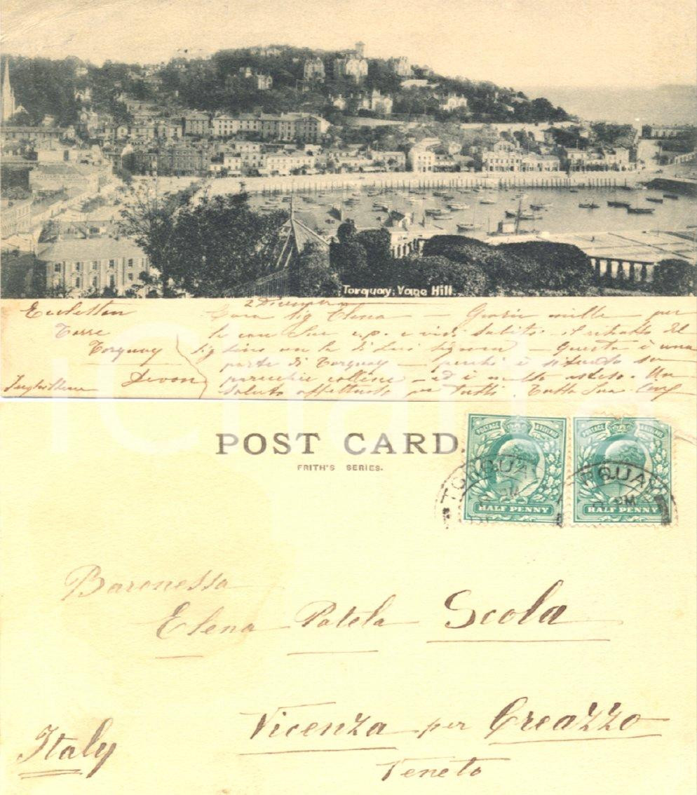 Cartolina originale da collezione 1900 ca TORQUAY UK Vane Hill Cartolina a baronessa Elena PATELLA SCOLA FP VG 1
