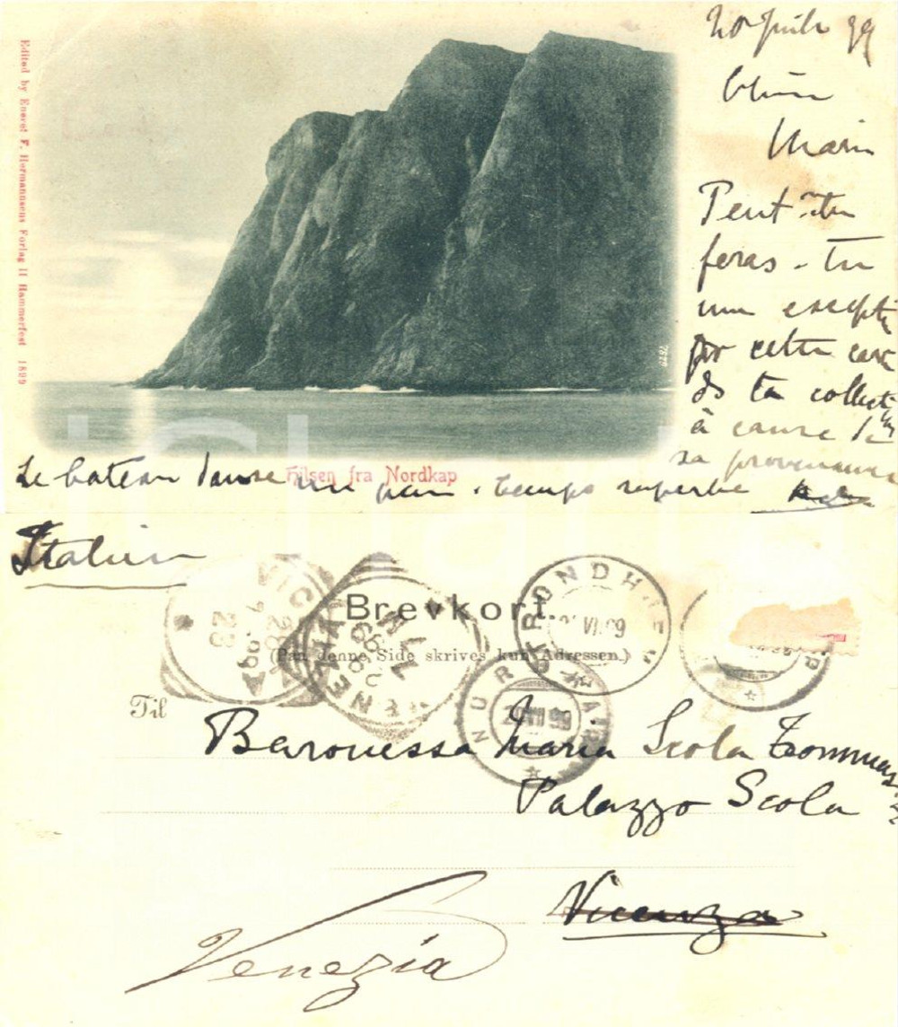 Autografo originale 1899 CAPO NORD Veduta di un fiordo Cartolina a Maria SCOLA TOMMASONI FP VG 1