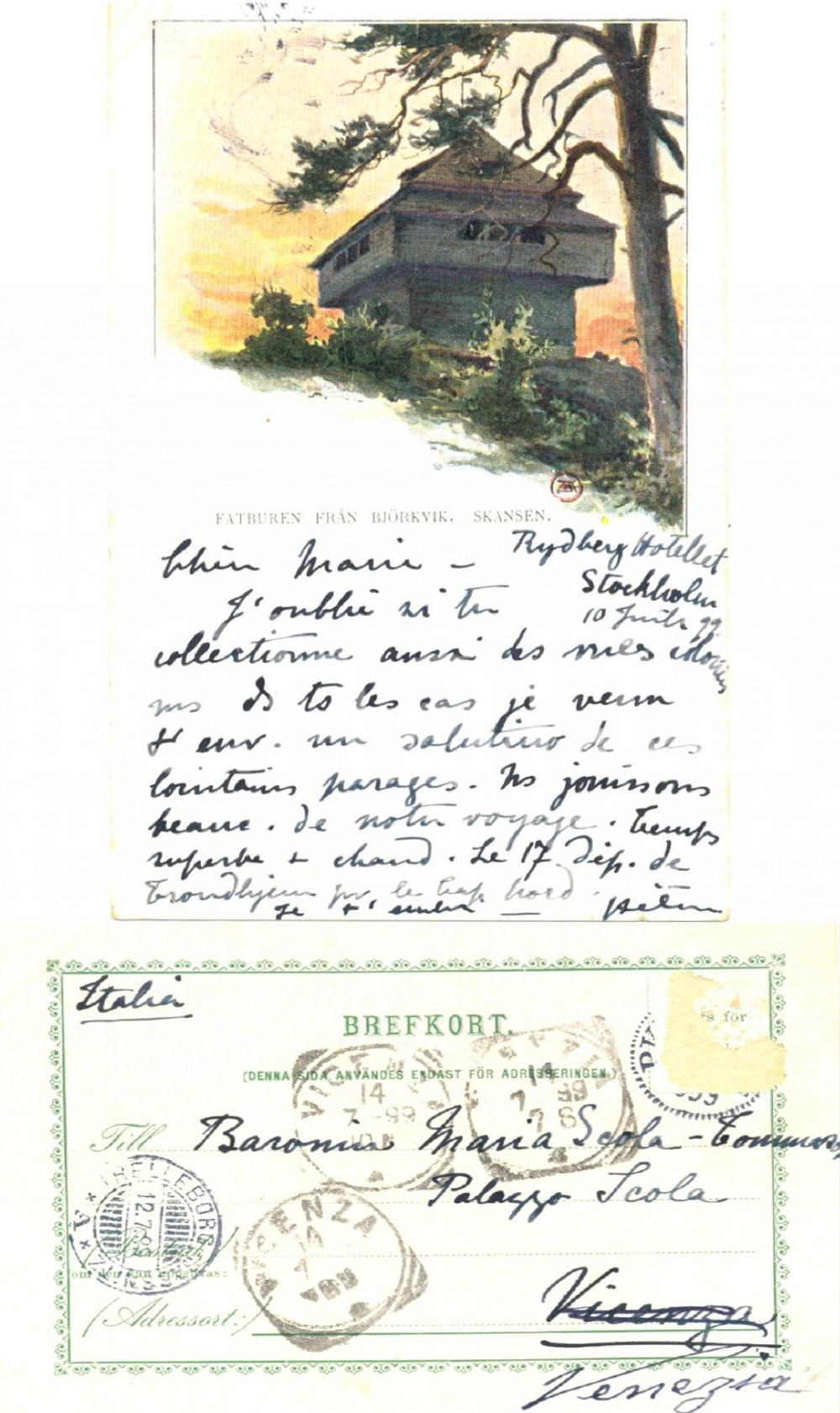 Autografo originale 1899 STOCCOLMA Museo SKANSEN Cartolina a Maria SCOLA TOMMASONI collezionista 1