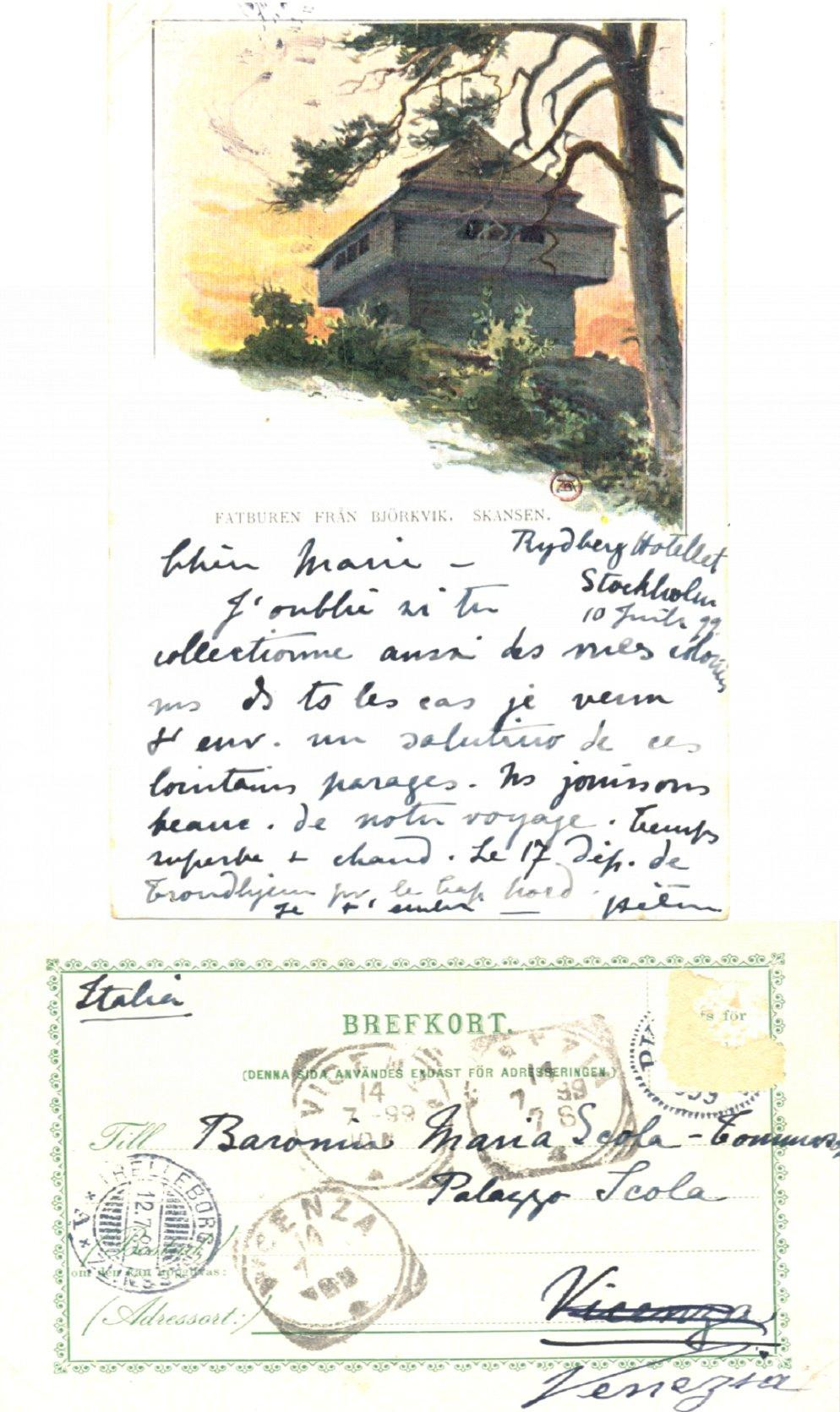 Autografo originale 1899 STOCCOLMA Museo SKANSEN Cartolina a Maria SCOLA TOMMASONI collezionista 1