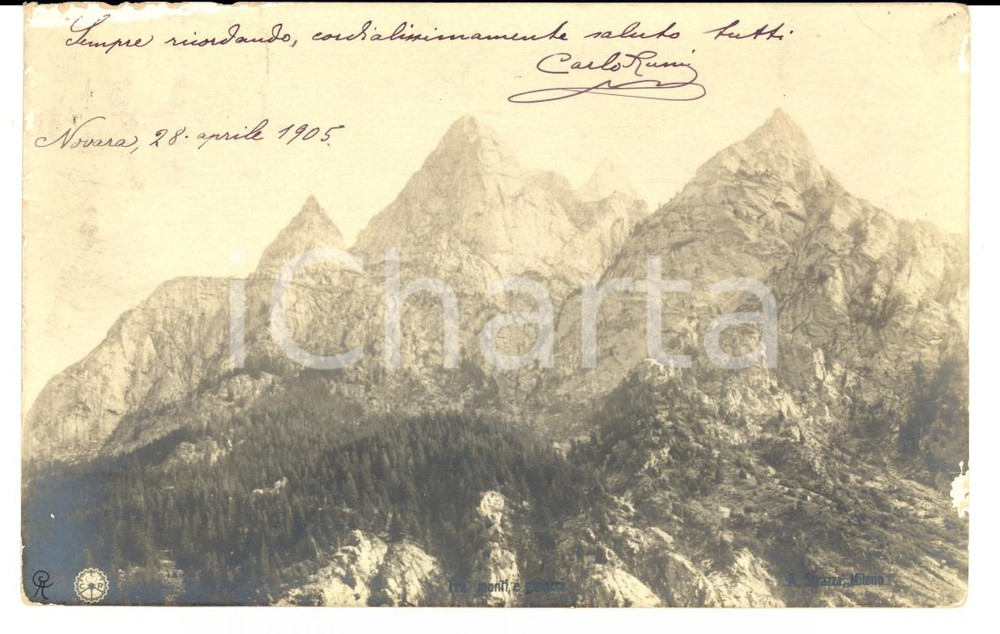 Autografo originale 1905 NOVARA Veduta delle Alpi Cartolina Carlo RUNI a Bianca LIBERA FP VG 1
