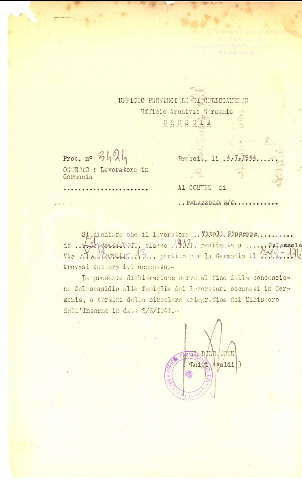 Documento originale, autentico 1944 RSI PALAZZOLO SULL OGLIO BS Giuseppe VITALI lavoratore in Germania 1