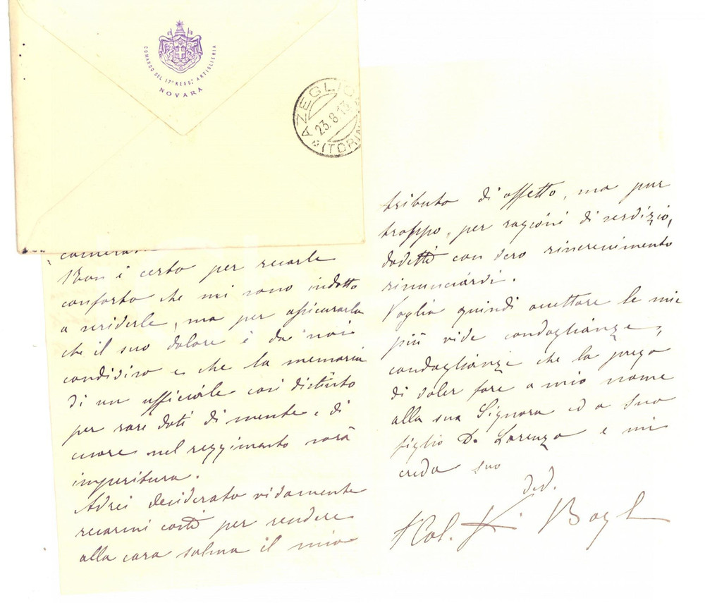 Manoscritto, lettera originale 1913 NOVARA 17Â° Reggimento Artiglieria Lettera col. BOYL DI PUTIFIGARI 1