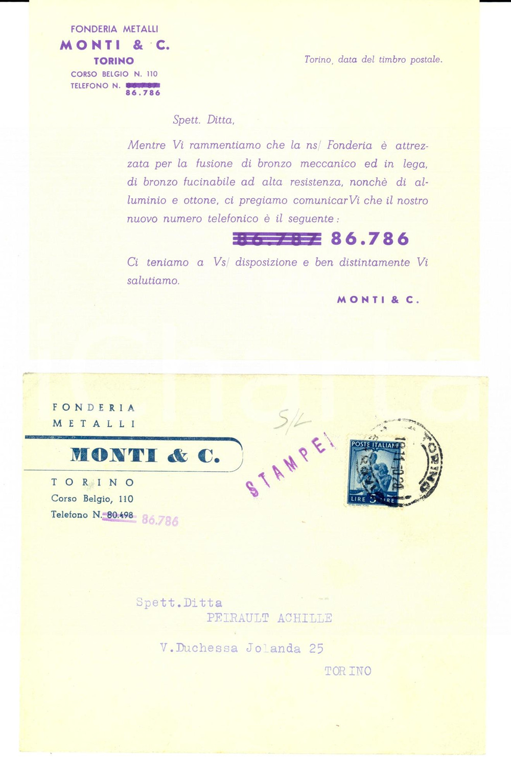 Materiale pubblicitario d’epoca 1950 TORINO Fonderia Metalli MONTI & C. Lettera pubblicitaria 1