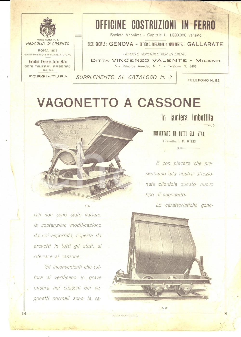Materiale pubblicitario d’epoca 1921 GENOVA OFFICINE COSTRUZIONI IN FERRO Vagonetto a cassone Pubblicitario 1
