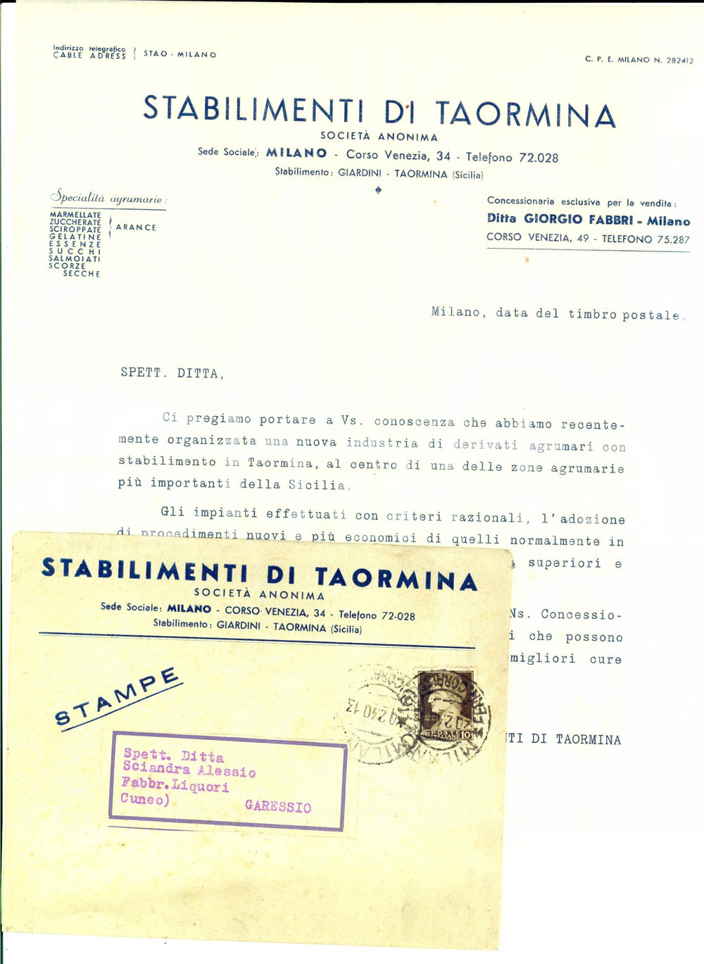 Materiale pubblicitario d’epoca 1940 MILANO Società STABILIMENTI DI TAORMINA Lettera pubblicitaria 1