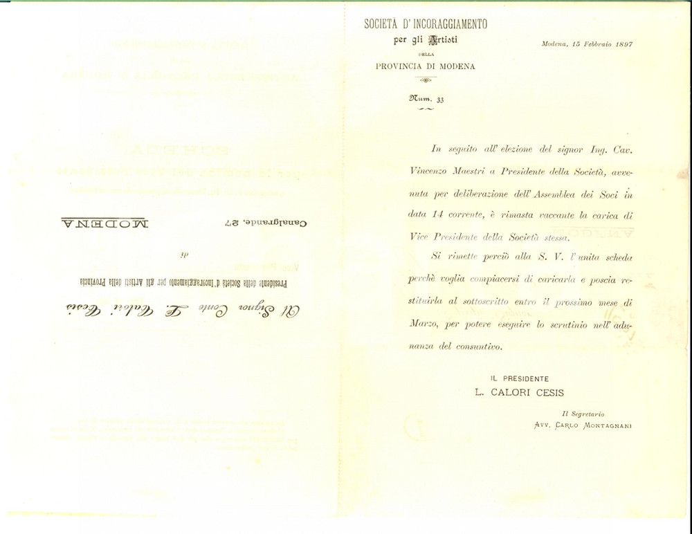 Documento originale, autentico 1879 MODENA Società di incoraggiamento per gli artisti  Nomina vicepresidente 1