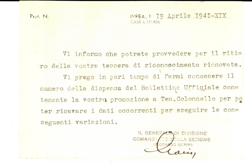 Autografo originale 1941 IVREA TO Cartolina UNIONE NAZIONALE UFFICIALI IN CONGEDO FG VG 1
