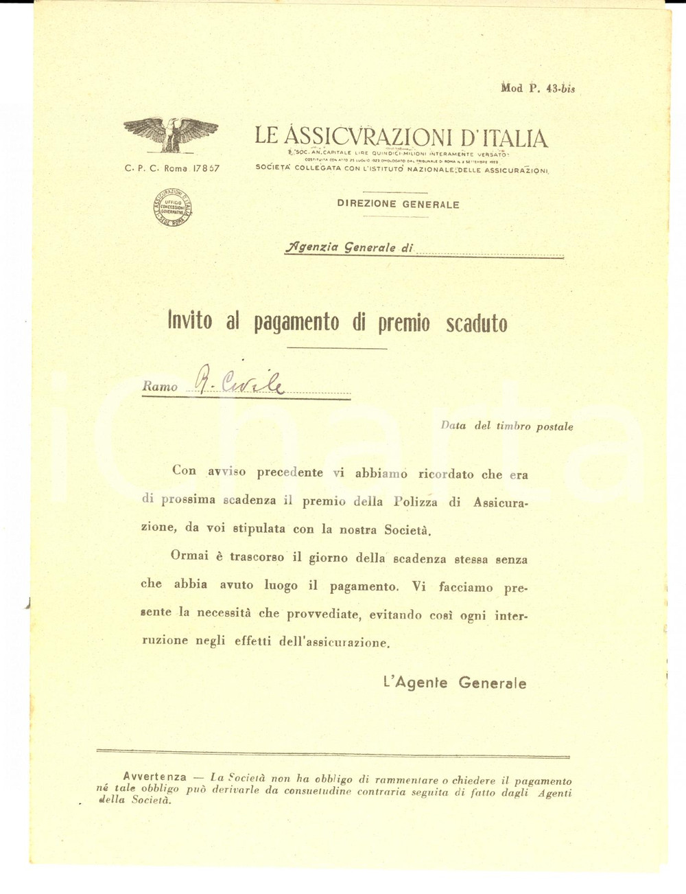 Manoscritto, lettera originale 1943 ROMA ASSICURAZIONI D ITALIA Lettera per pagamento premio scaduto 1
