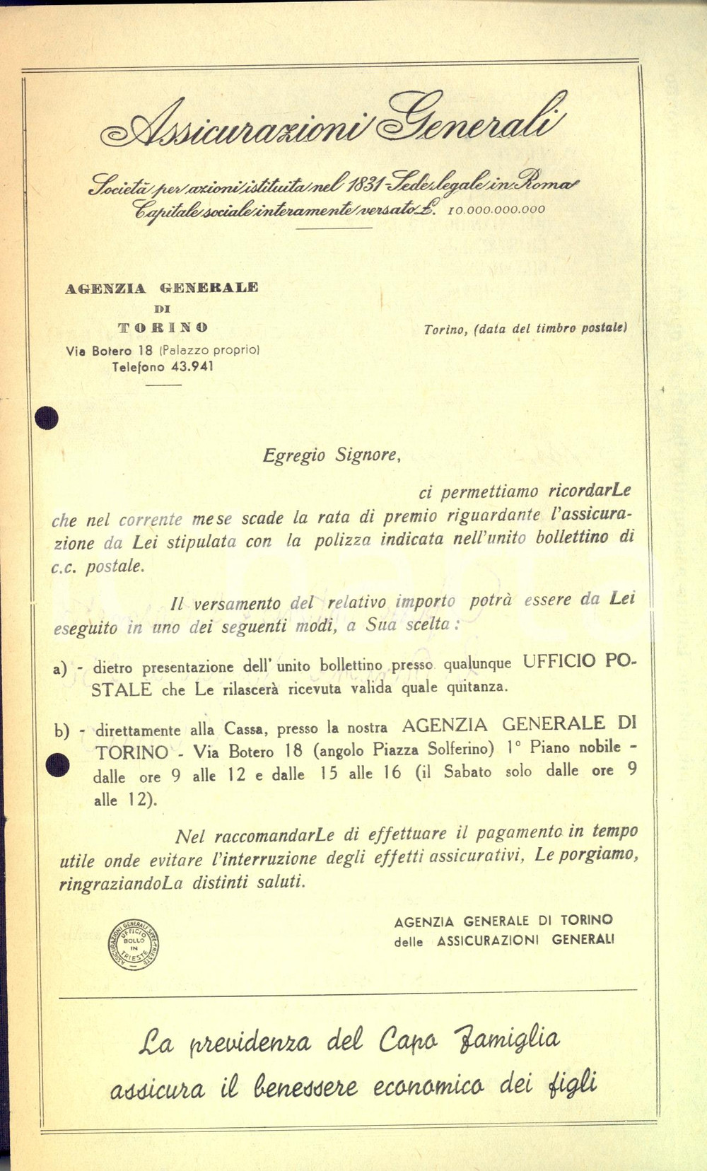 Manoscritto, lettera originale 1950 ca TORINO ASSICURAZIONI GENERALI Lettera per scadenza polizza 1