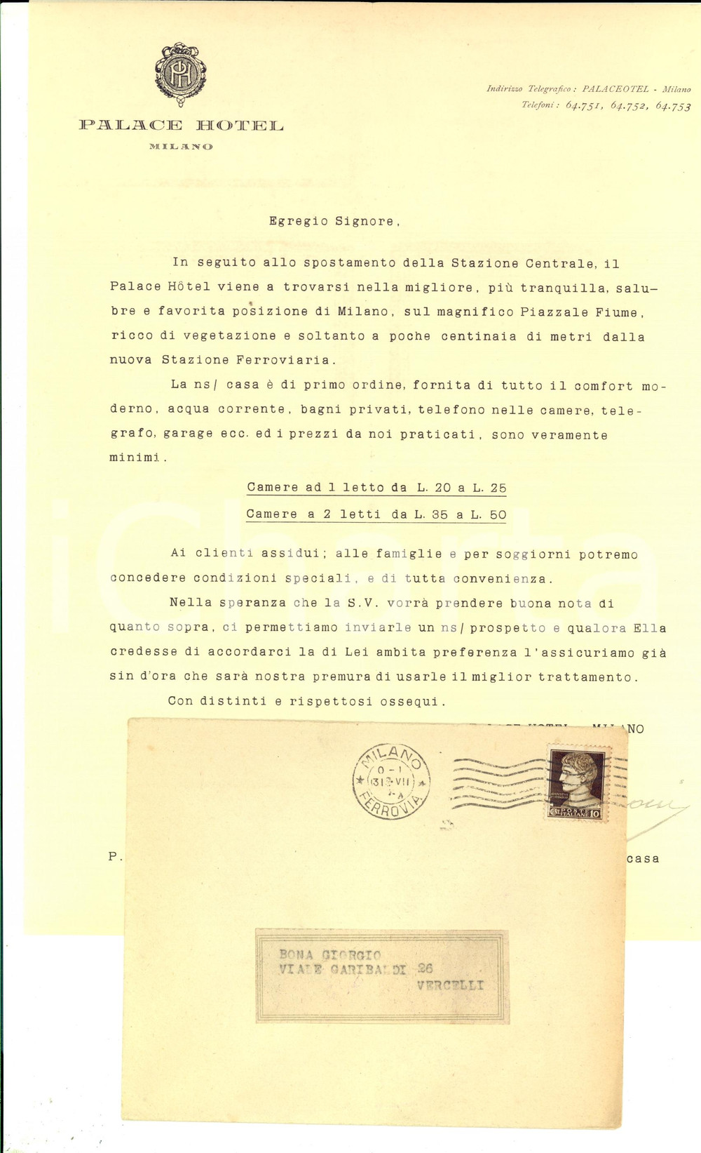 Materiale pubblicitario d’epoca 1930 ca MILANO Lettera HOTEL PALACE post rinnovamento Stazione Centrale 1