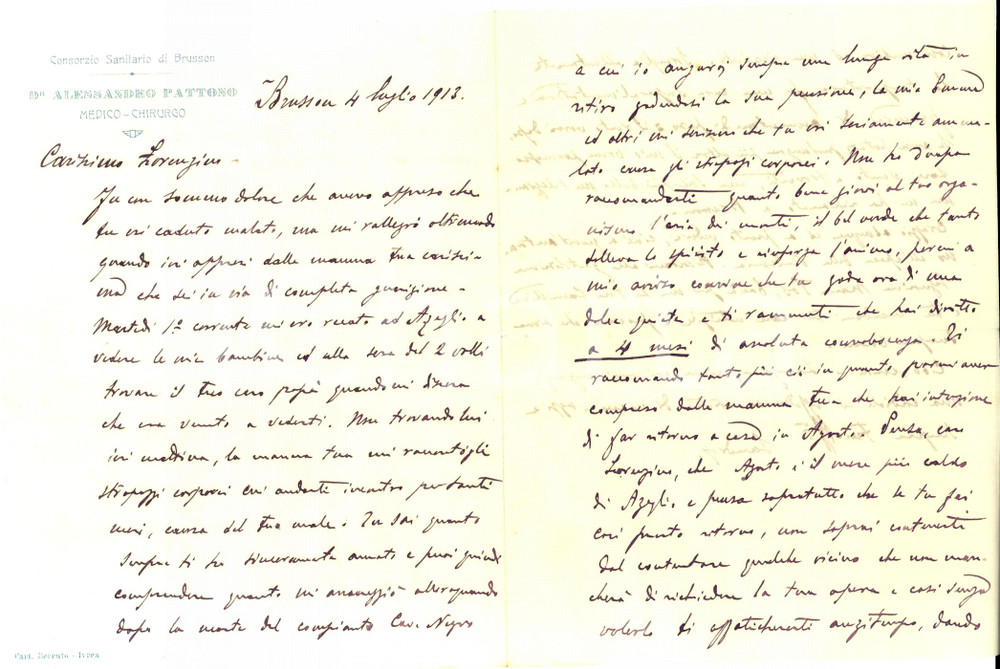 Manoscritto, lettera originale 1913 BRUSSON AO Chirurgo Alessandro PATTONO a un giovane paziente Lettera 1