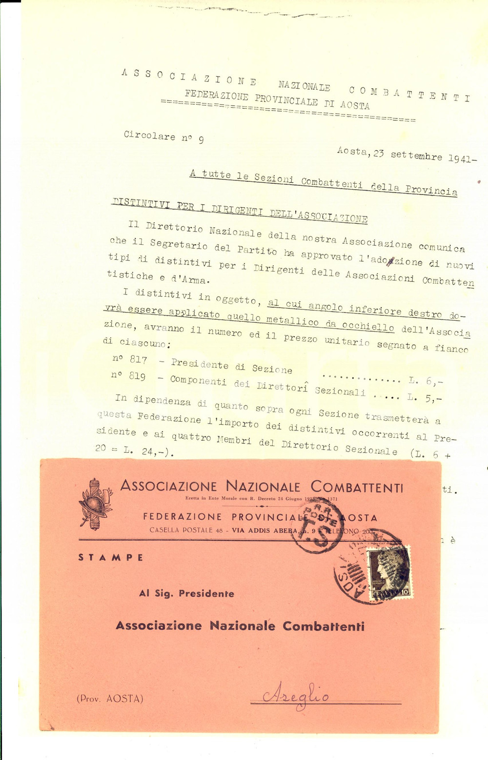 Manoscritto, lettera originale 1941 ANC AOSTA Nuovi distintivi per i dirigenti dell Associazione Lettera 1