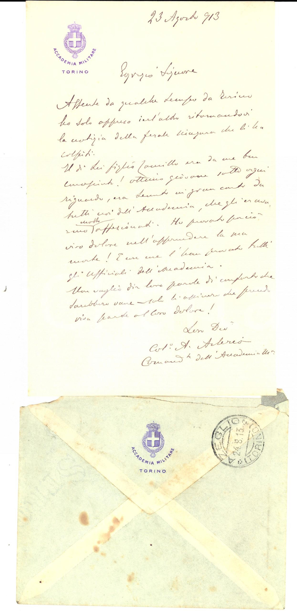 Manoscritto, lettera originale 1913 TORINO ACCADEMIA MILITARE Condoglianze per Camillo LOVA Lettera comandante 1