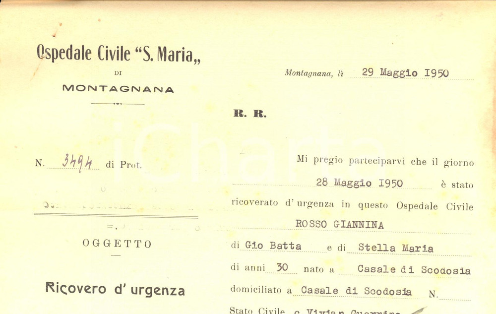 Manoscritto, lettera originale 1950 MONTAGNANA PD Ospedale SANTA MARIA Ricovero d urgenza Giannina ROSSO 1