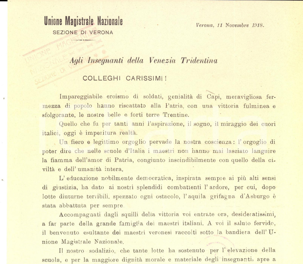 Documento originale, autentico 1918 VERONA Unione Magistrale Nazionale  Lettera ai maestri VENEZIA TRIDENTINA 1