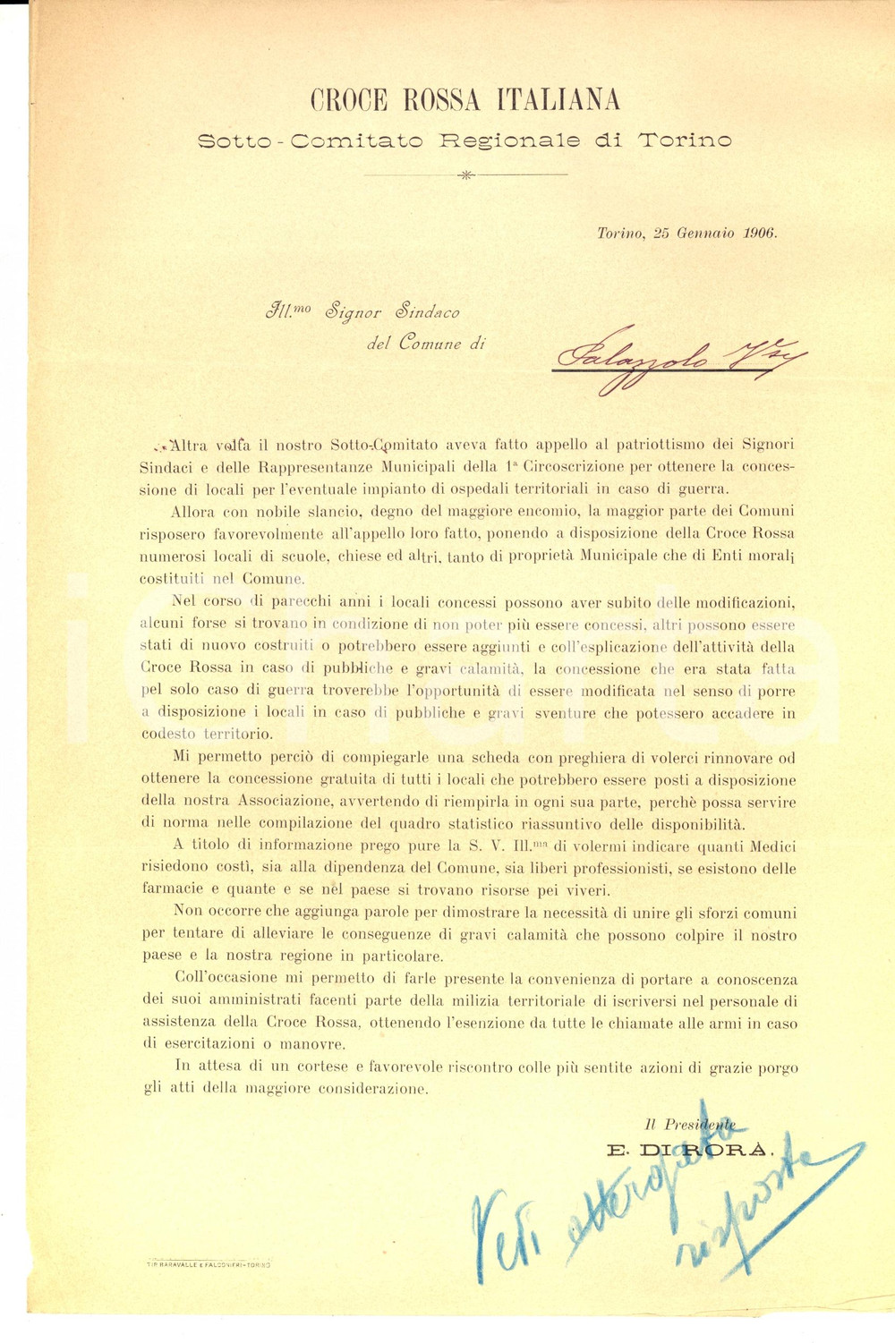Documento originale, autentico 1906 CROCE ROSSA TORINO Richiesta locali in concessione gratuita Lettera 1
