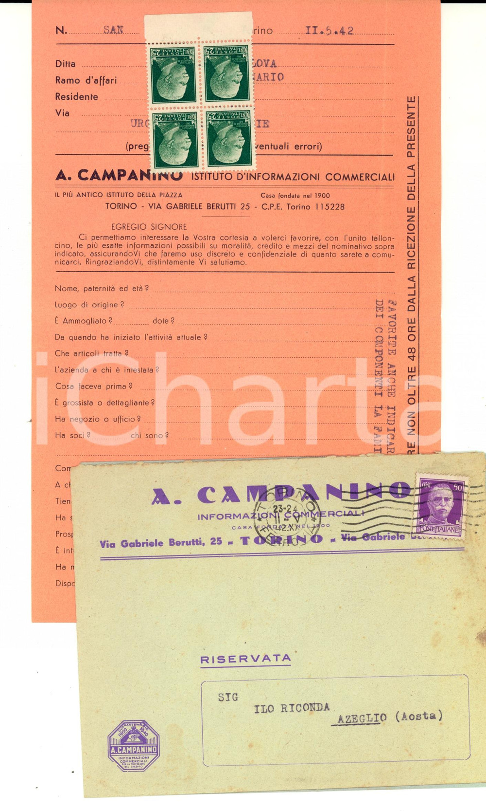 Manoscritto, lettera originale 1942 TORINO Ditta A. CAMPANINO cerca informazioni private e commerciali 1