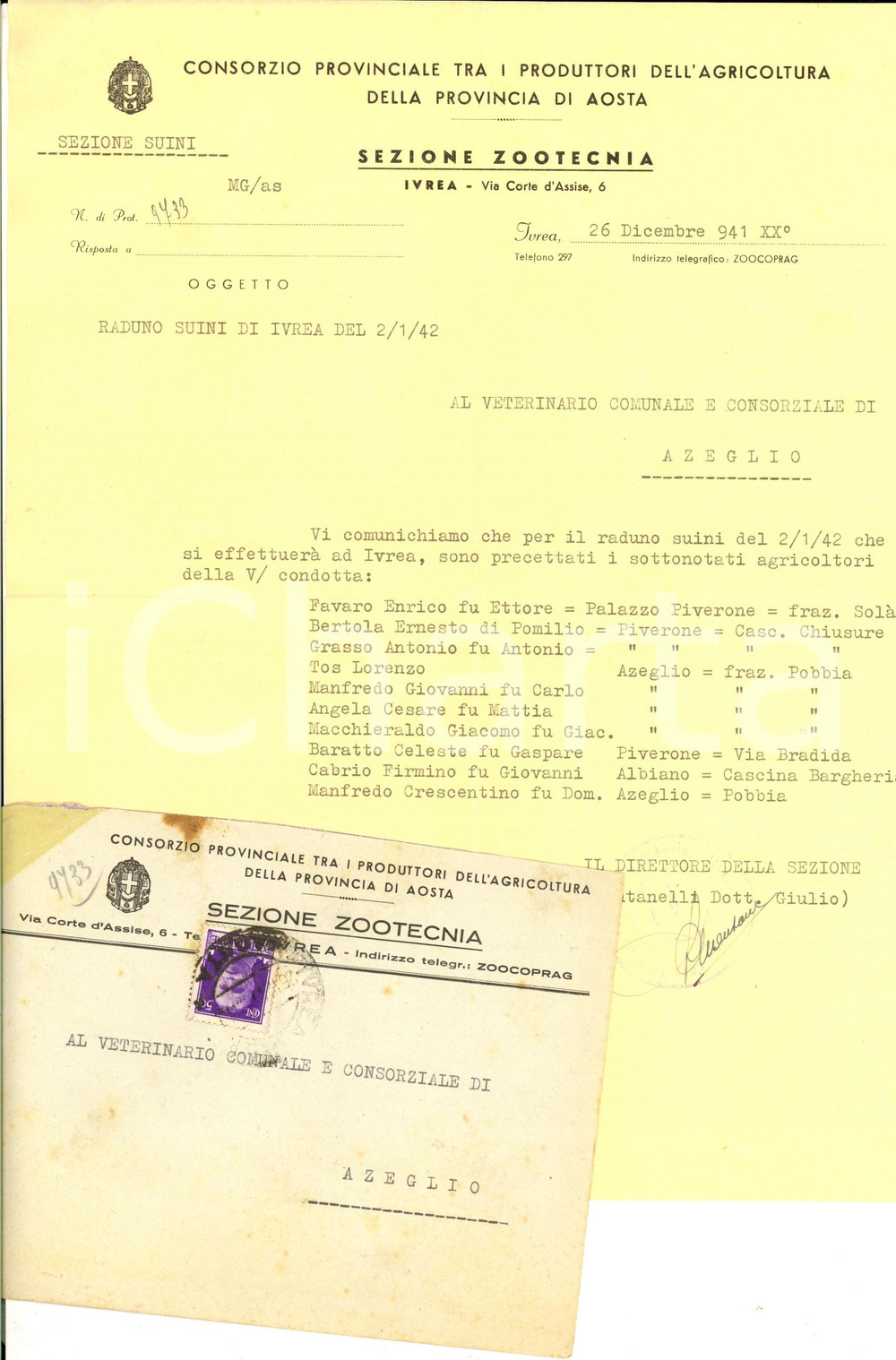 Manoscritto, lettera originale 1941 IVREA TO Consorzio Agricoltura  Macellai precettati per raduno suini 1