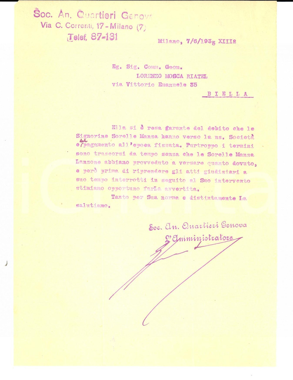 Manoscritto, lettera originale 1935 MILANO SocietÃ  Anonima QUARTIERI GENOVA a debitrici sorelle MANZA Lettera 1