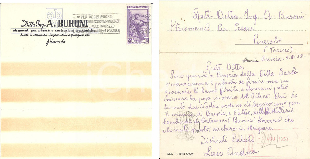 Cartolina originale da collezione 1953 PINEROLO TO Ditta ing. A. BURONI Strumenti per pesare Cartolina 1