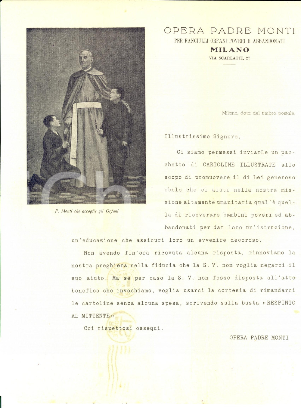 Manoscritto, lettera originale 1940 MILANO Opera PADRE MONTI per fanciulli orfani poveri Pubblicitaria 1