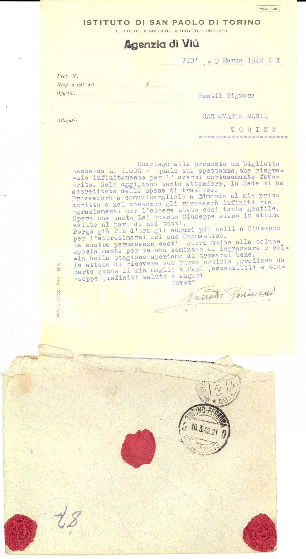 Manoscritto, lettera originale 1942 VIU  TO ISTITUTO SAN PAOLO invia spettanze a Maria CARLEVARIS Lettera 1