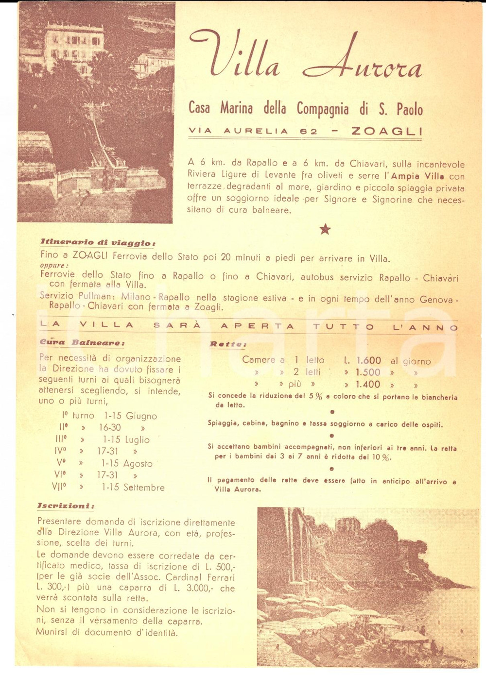 Materiale pubblicitario d’epoca 1950 ZOAGLI GE Villa AURORA Casa Marina COMPAGNIA DI SAN PAOLO Pubblicitario 1