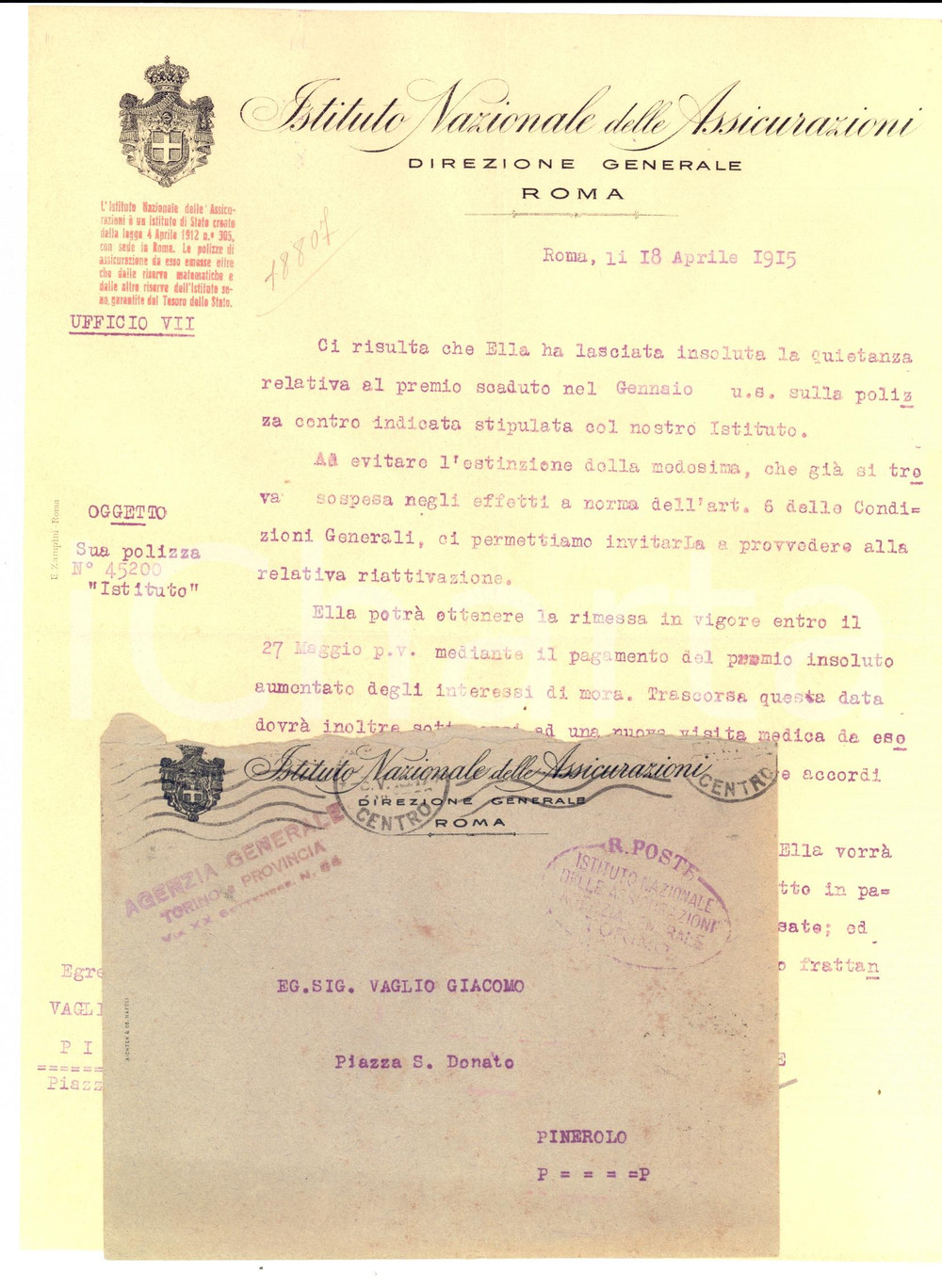 Manoscritto, lettera originale 1915 ROMA Lettera INA ASSICURAZIONI a Giacomo VAGLIO per premio polizza 1