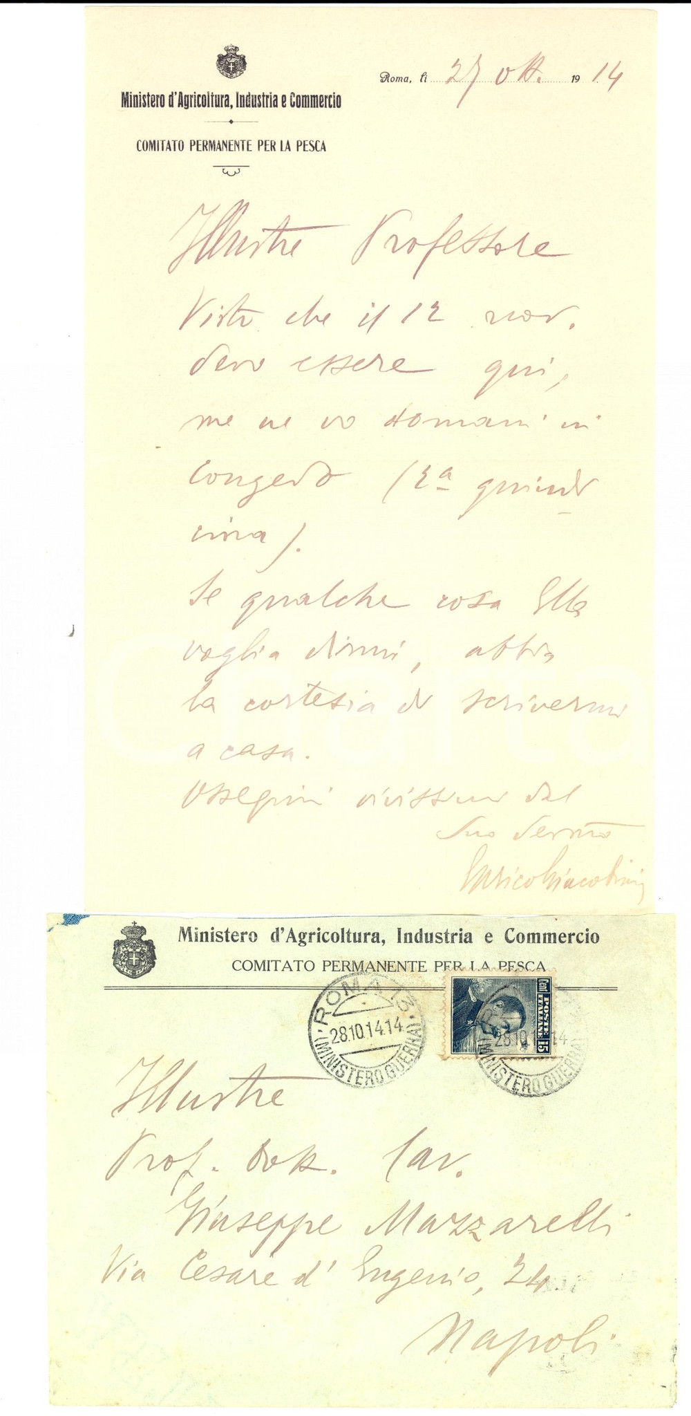 Manoscritto, lettera originale 1914 ROMA Lettera Enrico GIACOBINI a Giuseppe MAZZARELLI AUTOGRAFO 1