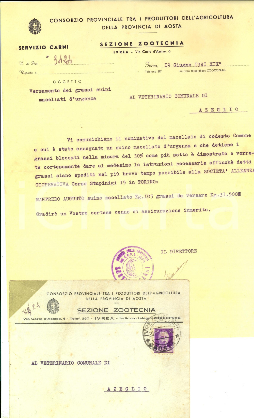 Manoscritto, lettera originale 1941 AZEGLIO TO Consorzio Provinciale Agricoltura  Suini macellati d urgenza 1
