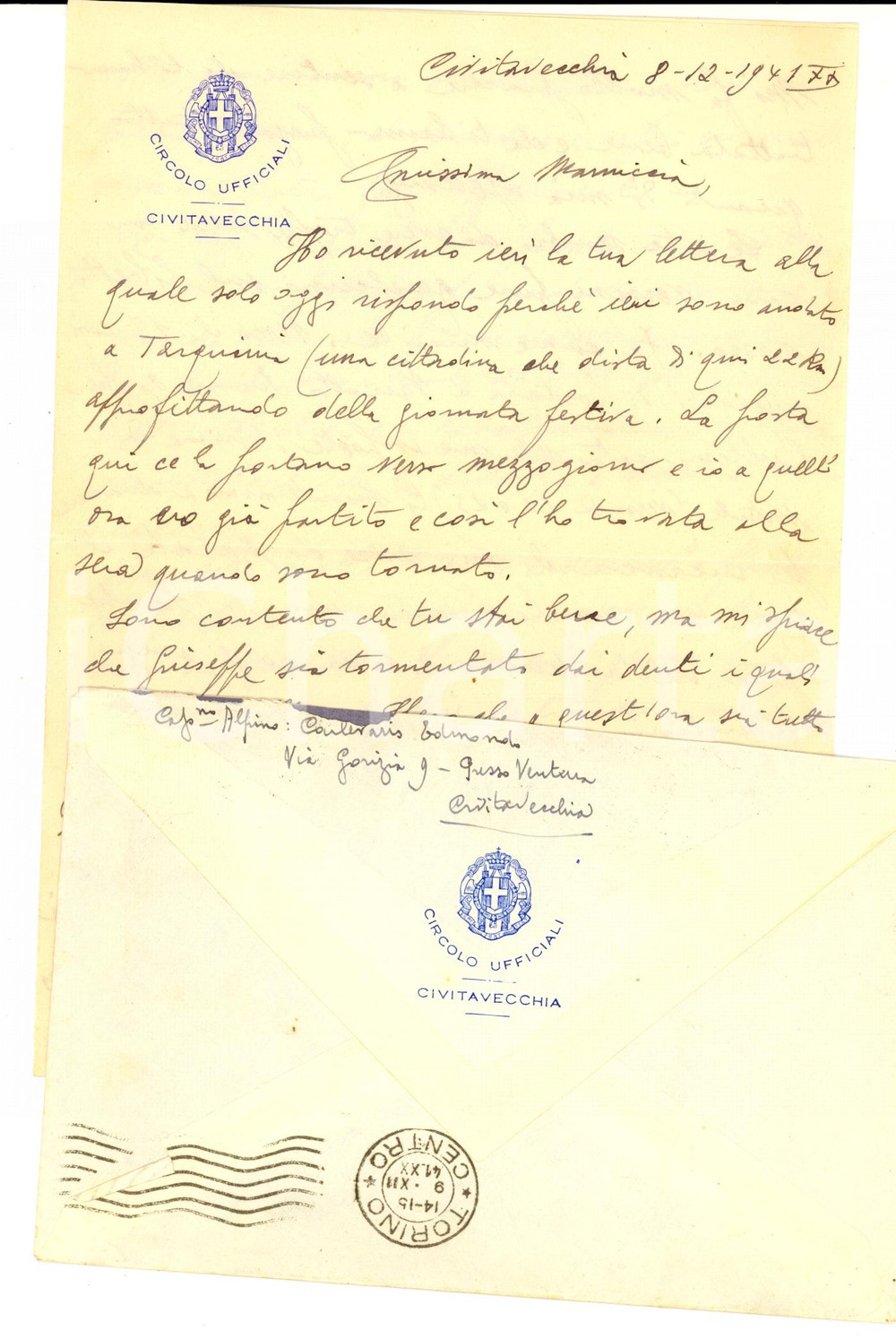 Manoscritto, lettera originale 1941 WW2 CIVITAVECCHIA Capitano ALPINI Edmondo CARLEVARIS costretto alle marce 1