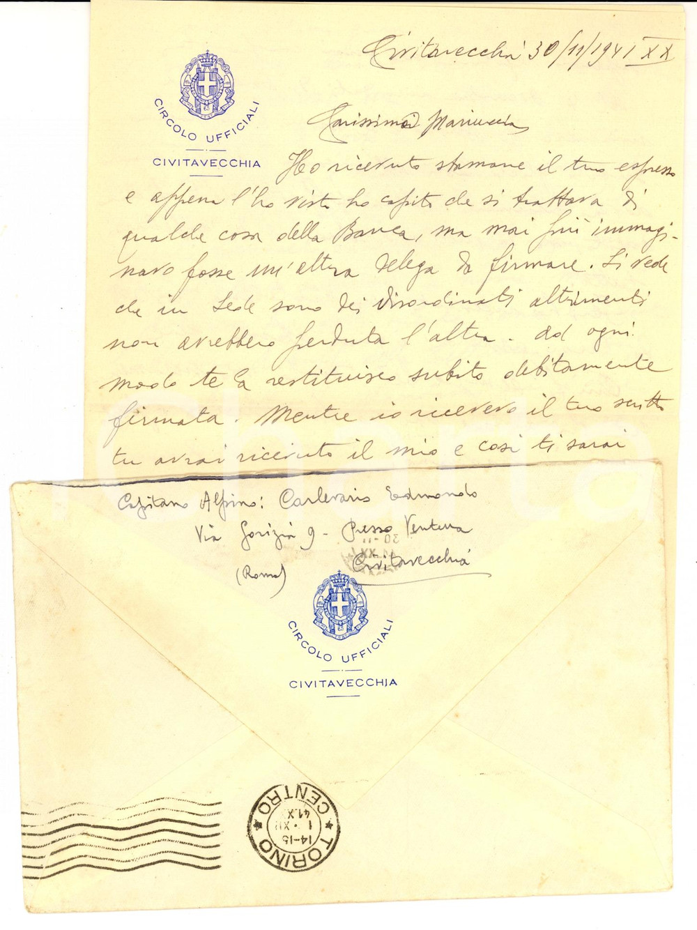 Manoscritto, lettera originale 1941 CIVITAVECCHIA RM Lettera capitano ALPINI Edmondo CARLEVARIS alla moglie 1