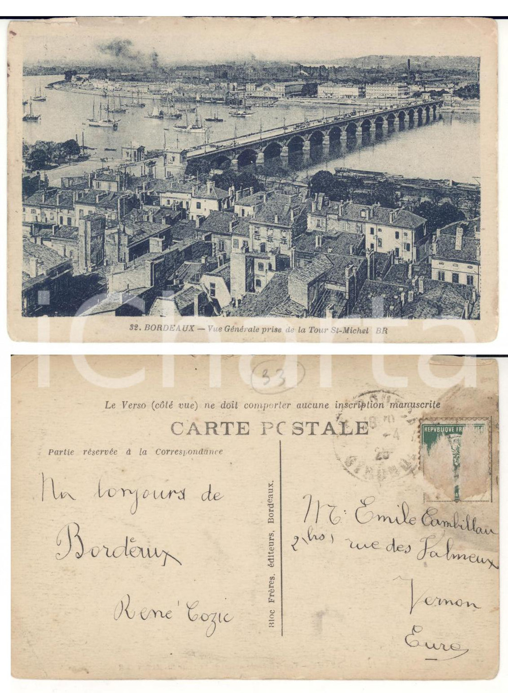 Autografo originale 1905 ca BORDEAUX F Vue générale Autografo RENE  COZIC aviatore FP VG 1