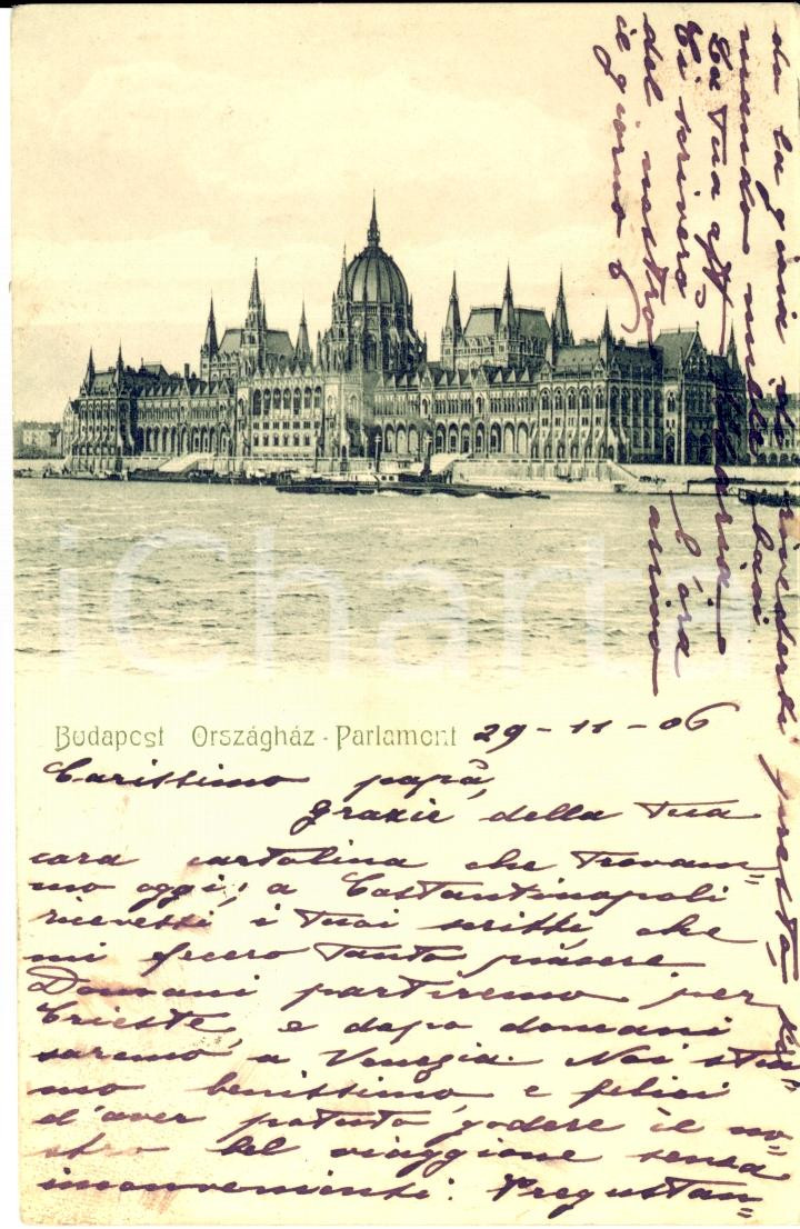 Autografo originale 1906 BUDAPEST H Il Parlamento Cartolina all ing. Giuseppe BOTTA FP VG 1