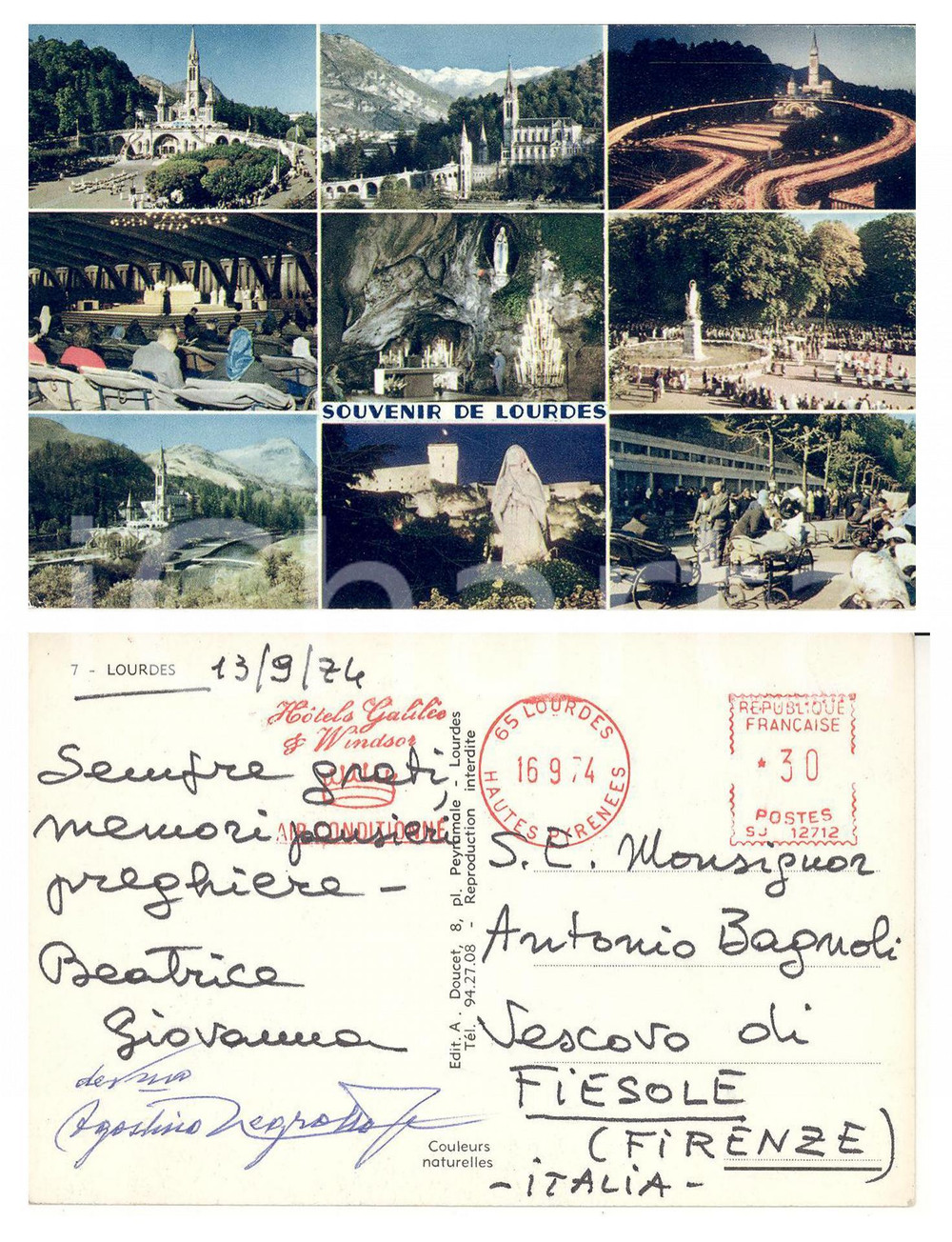 Autografo originale 1974 LOURDES F Vedutine santuario Cartolina Agostino NEGROTTO CAMBIASO 1